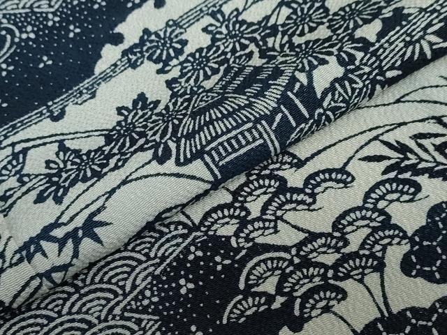 平和屋着物●上質な小紋　藍　型染め　流水風景草花文　鬼しぼ縮緬　正絹　逸品　DAAY5639ud