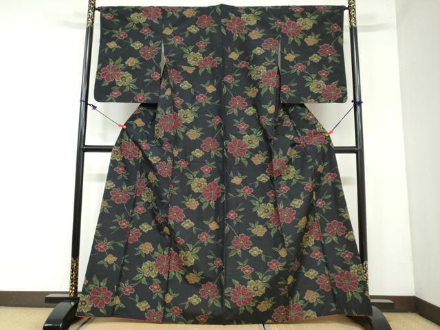 平和屋着物●上質な紬　草花文　黒地　正絹　逸品　DAAY5648ud