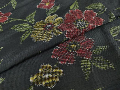 平和屋着物●上質な紬　草花文　黒地　正絹　逸品　DAAY5648ud