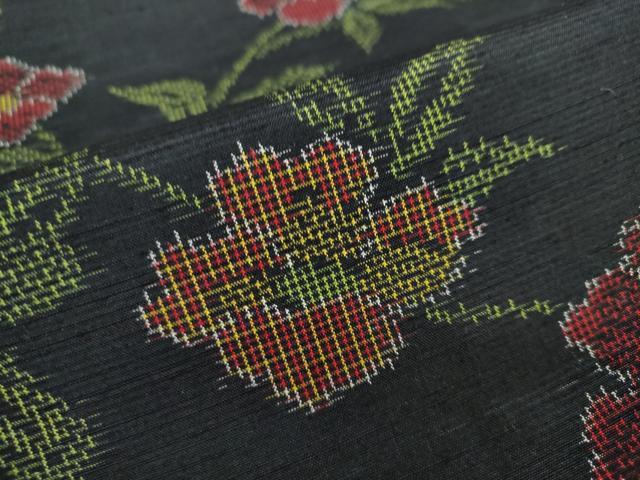 平和屋着物●上質な紬　草花文　黒地　正絹　逸品　DAAY5648ud