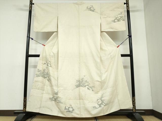 平和屋着物●訪問着 紬地 手描き 草花文 正絹 逸品 DAAY5675ud