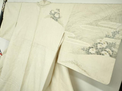 平和屋着物●訪問着 紬地 手描き 草花文 正絹 逸品 DAAY5675ud