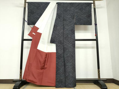 平和屋着物●結城紬　80亀甲　抽象文様　やまと誂製　正絹　逸品　DAAY5712ud