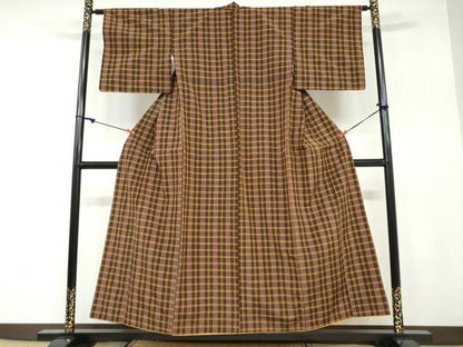 平和屋着物●上質な紬　格子柄　正絹　逸品　DAAY5869ud