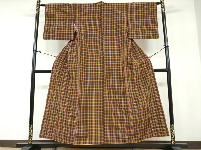 平和屋着物●上質な紬　格子柄　正絹　逸品　DAAY5869ud