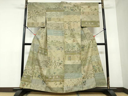平和屋着物●小千谷紬 百柄 横段草花文 正絹 逸品 DAAY5943ud