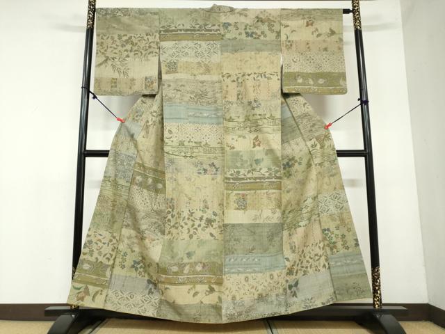 平和屋着物●小千谷紬 百柄 横段草花文 正絹 逸品 DAAY5943ud
