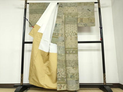 平和屋着物●小千谷紬 百柄 横段草花文 正絹 逸品 DAAY5943ud
