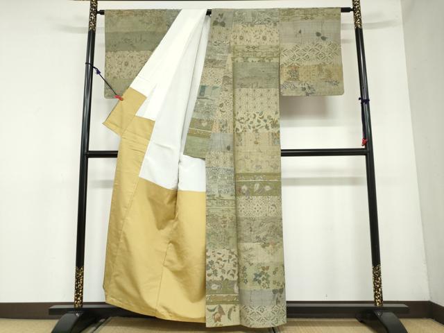 平和屋着物●小千谷紬 百柄 横段草花文 正絹 逸品 DAAY5943ud