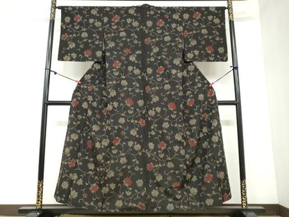 平和屋着物▽上質な紬 単衣 更紗花唐草文 正絹 逸品 DAAY5975ud