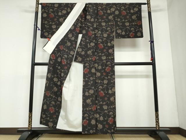 平和屋着物▽上質な紬 単衣 更紗花唐草文 正絹 逸品 DAAY5975ud