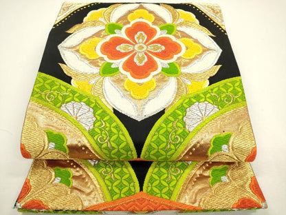 平和屋着物◎六通柄袋帯 唐織 正倉院花文 黒地 金銀糸 正絹 逸品 DAAY6097ea
