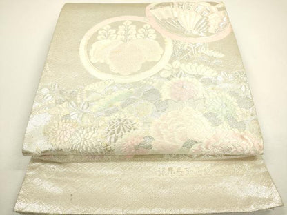 平和屋着物◎両面 六通柄袋帯 唐織 作家物 銀慶長取花蝶の丸松葉 銀糸 正絹 逸品 DAAY6098ea