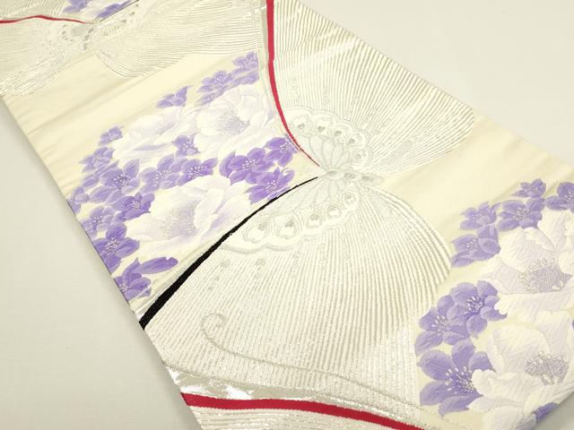平和屋着物◎六通柄袋帯 唐織 舞蝶花文 銀糸 正絹 逸品 DAAY6106ea