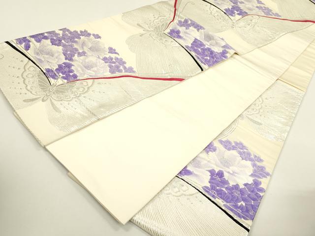 平和屋着物◎六通柄袋帯 唐織 舞蝶花文 銀糸 正絹 逸品 DAAY6106ea