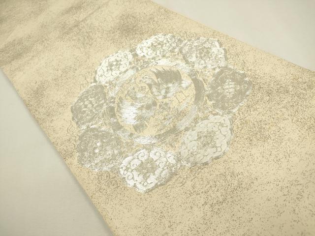 平和屋着物◎太鼓柄袋帯　駒刺繍　総刺繍　向かい鳥花文　正絹　逸品　DAAY6185ea