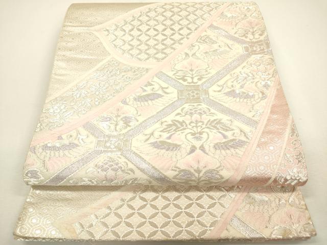 平和屋着物◎六通柄袋帯　向かい鳥吉祥花文　銀糸　正絹　逸品　DAAY6207ea