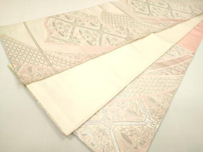 平和屋着物◎六通柄袋帯　向かい鳥吉祥花文　銀糸　正絹　逸品　DAAY6207ea