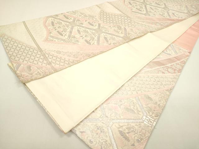 平和屋着物◎六通柄袋帯　向かい鳥吉祥花文　銀糸　正絹　逸品　DAAY6207ea