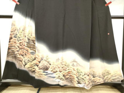 平和屋着物■豪華黒留袖 作家物 手描き 風景樹林文 暈し染め 金彩 正絹 逸品 DAAY6244ea