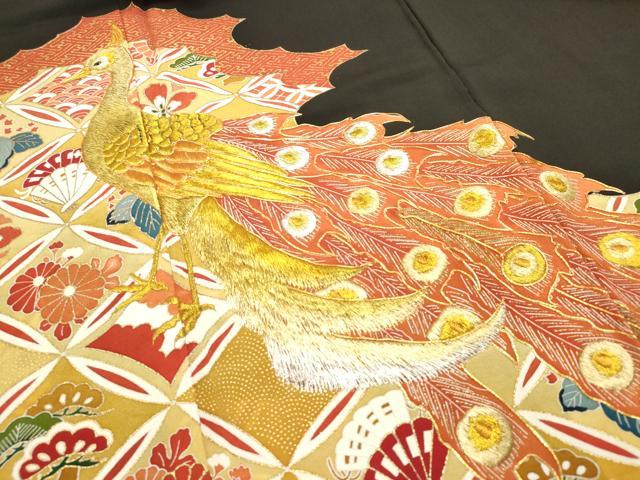 平和屋着物■豪華黒留袖　駒刺繍　鳳凰七宝花文　金彩　正絹　逸品　DAAY6461ea