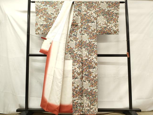 袖長 市松模様に花 着物 正絹 袖長 市松模様に花 着物 正絹