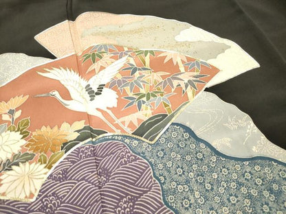 平和屋着物■豪華黒留袖　駒刺繍　地紙重ね道長花文　飛鶴　金彩　正絹　逸品　DAAY6503ea