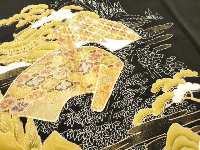 平和屋着物■豪華黒留袖　駒刺繍　地紙重ね　風景花松文　金彩　正絹　逸品　DAAY6506ea