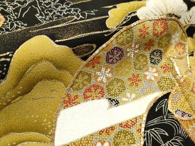 平和屋着物■豪華黒留袖　駒刺繍　地紙重ね　風景花松文　金彩　正絹　逸品　DAAY6506ea