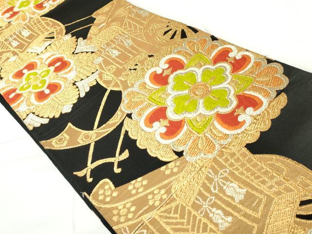 平和屋着物◎六通柄袋帯　正倉院花文　御所車　黒地　金糸　正絹　逸品　DAAY6519ea