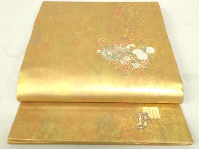 平和屋着物◎太鼓柄袋帯　花籠文　ワンポイント　引箔　正絹　逸品　DAAY6591qp