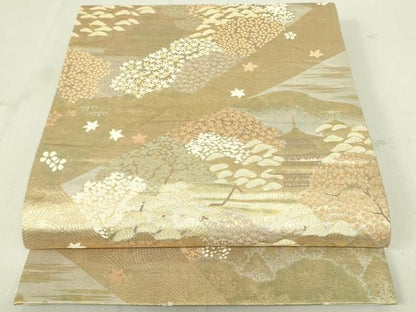 平和屋着物◎六通柄袋帯　切嵌風景文　金閣寺　金糸　正絹　逸品　DAAY6626qp