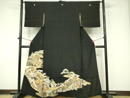 平和屋着物■豪華黒留袖 刺繍 吉祥花文 更紗 金彩 正絹 逸品 DAAY6721qp