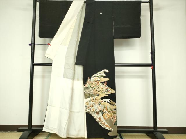 平和屋着物■豪華黒留袖 刺繍 吉祥花文 更紗 金彩 正絹 逸品 DAAY6721qp