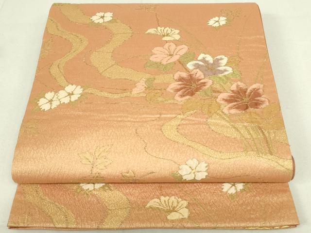 平和屋着物◎六通柄袋帯　ふくれ織　流水花文　金糸　正絹　逸品　DAAY6740qp