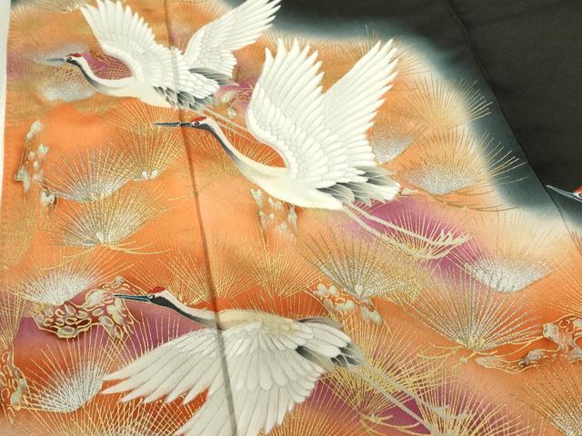 平和屋着物■豪華黒留袖　刺繍　飛鶴松文　暈し染め　金銀彩　正絹　逸品　DAAY6814qp