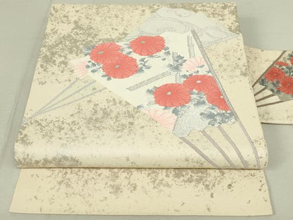 平和屋着物◎九寸名古屋帯　扇面花文　銀糸　正絹　逸品　DAAY6856qp