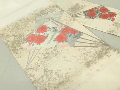 平和屋着物◎九寸名古屋帯　扇面花文　銀糸　正絹　逸品　DAAY6856qp
