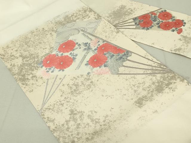 平和屋着物◎九寸名古屋帯　扇面花文　銀糸　正絹　逸品　DAAY6856qp