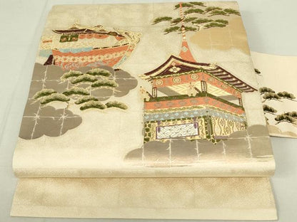 平和屋着物◎九寸名古屋帯　唐織　風景文　金糸　正絹　逸品　DAAY6861qp