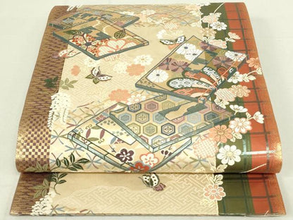 平和屋着物◎六通柄袋帯　唐織　冊子花蝶文　小袖錦　金糸　正絹　逸品　DAAY6932qp