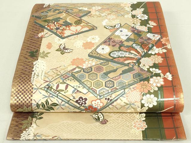 平和屋着物◎六通柄袋帯　唐織　冊子花蝶文　小袖錦　金糸　正絹　逸品　DAAY6932qp