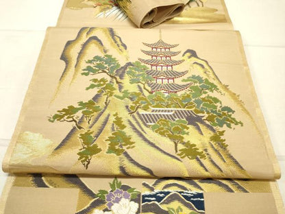 平和屋着物▼袋帯　反物　唐織　風景文　金糸　逸品　未使用　DAAY7389zy