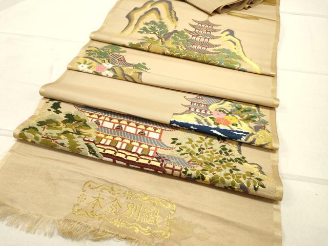 平和屋着物▼袋帯　反物　唐織　風景文　金糸　逸品　未使用　DAAY7389zy
