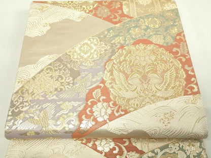 平和屋着物◎六通柄袋帯　向かい鳥更紗花文　金糸　正絹　逸品　DAAY7590sf
