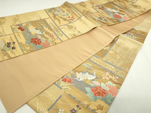 平和屋着物◎六通柄袋帯　群鶴草花文　金糸　正絹　逸品　DAAY7600sf
