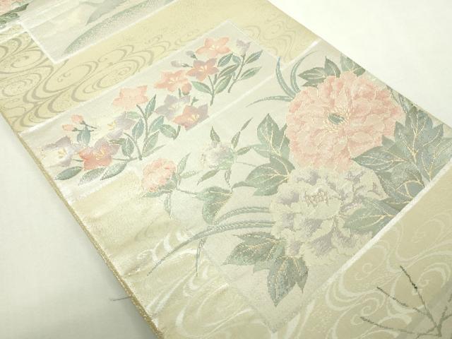 平和屋着物◎佐賀錦　両面　六通柄袋帯　流水草花文　銀糸　正絹　逸品　DAAY7620sf