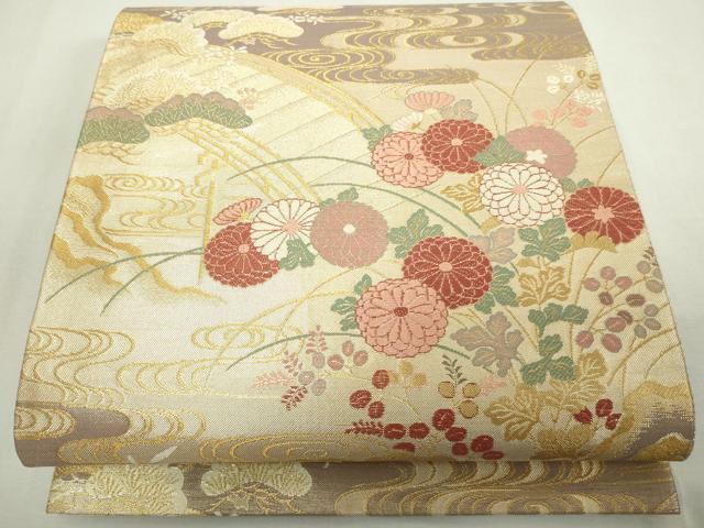 平和屋着物◎六通柄袋帯　九百織　花宴の舞　流水草花文　金糸　正絹　逸品　DAAY7621sf
