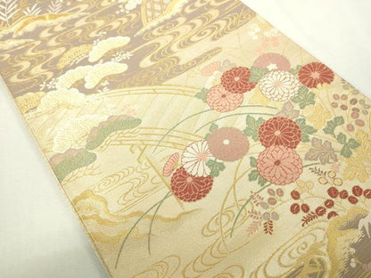 平和屋着物◎六通柄袋帯　九百織　花宴の舞　流水草花文　金糸　正絹　逸品　DAAY7621sf