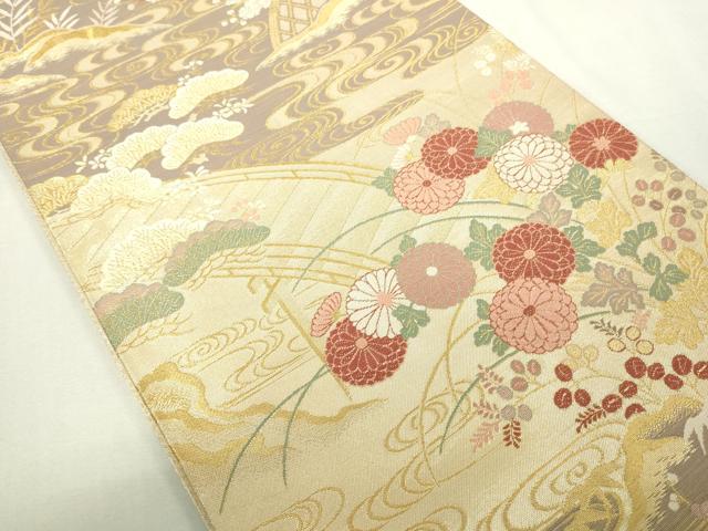 平和屋着物◎六通柄袋帯　九百織　花宴の舞　流水草花文　金糸　正絹　逸品　DAAY7621sf
